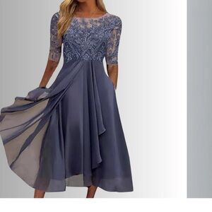 Elegant Blue Lace Evening Dress